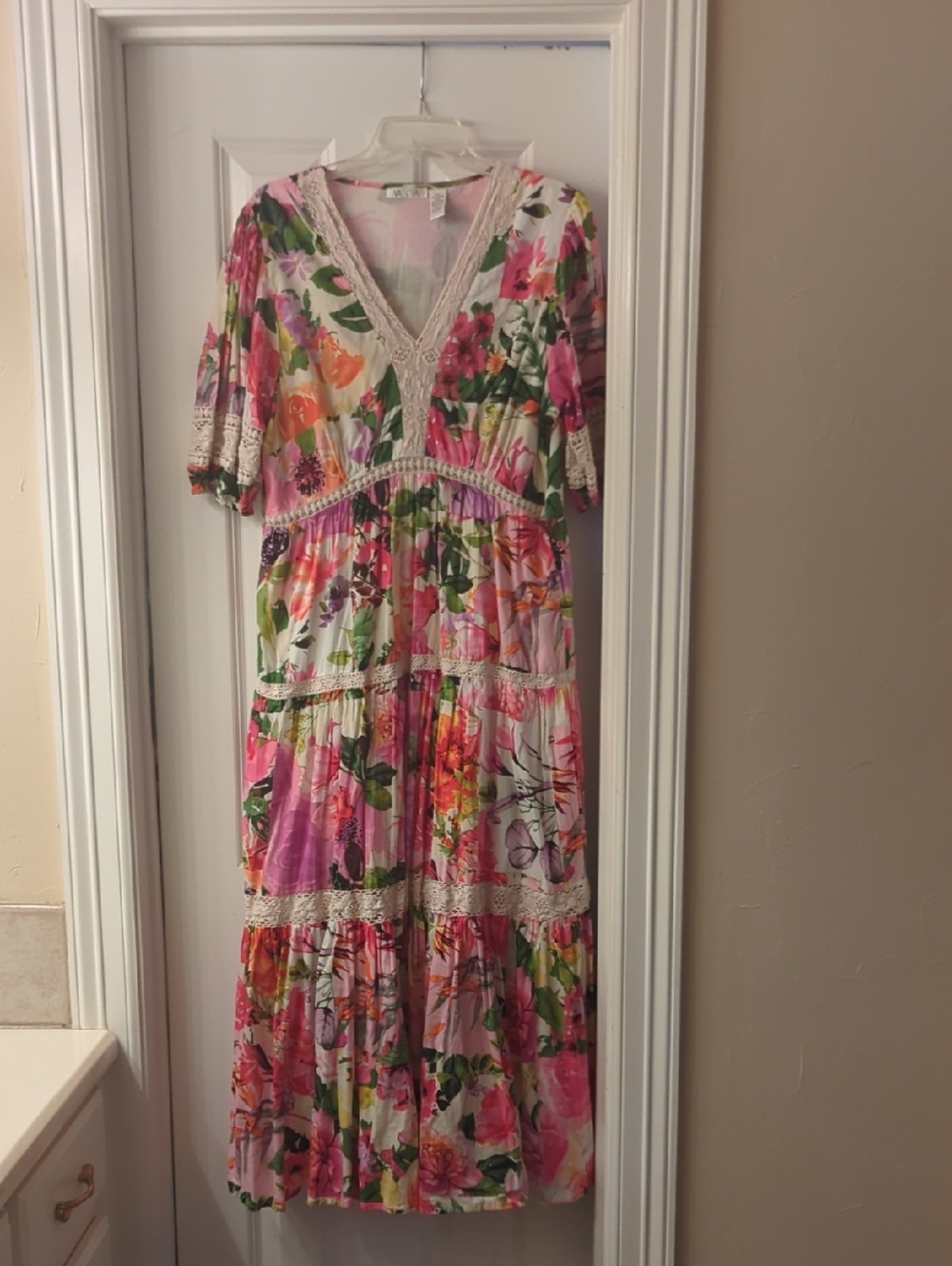 Bohemian Floral V-Neck Tiered Maxi Dress - Pink Multi